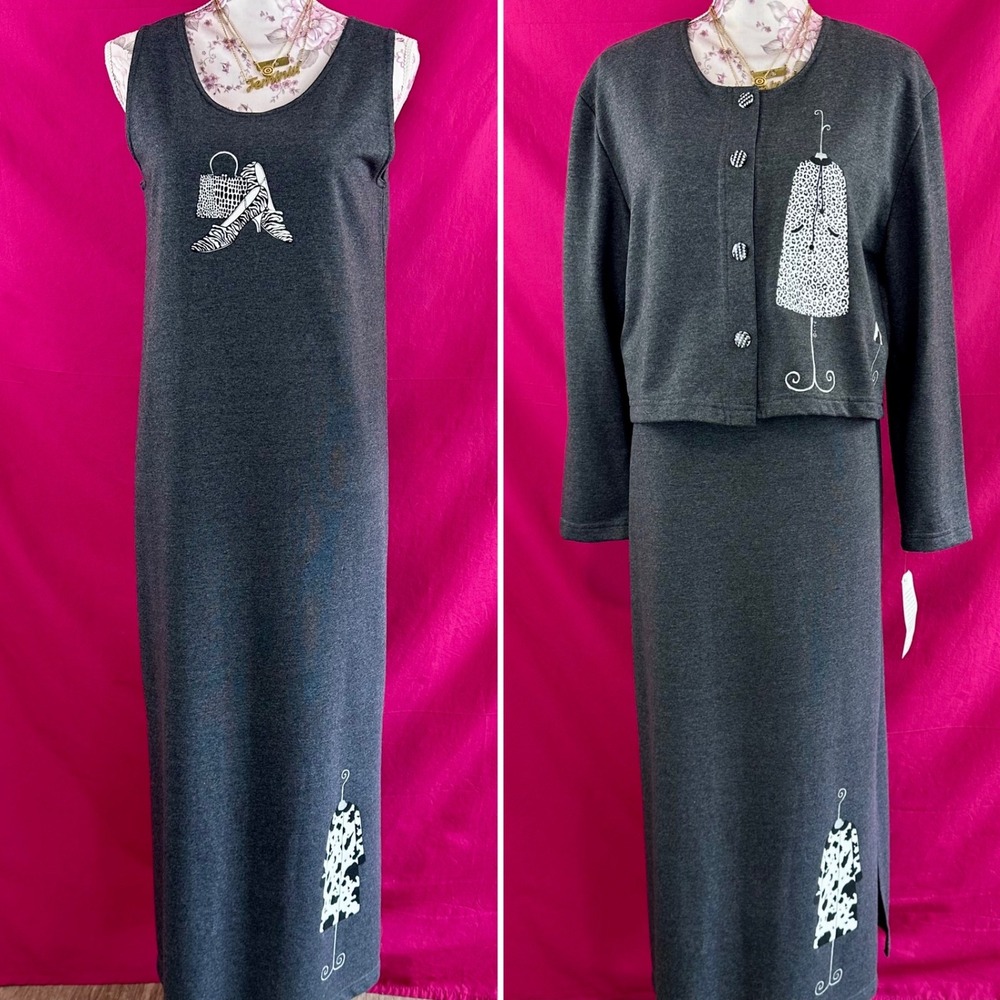 2‎ Piece Set Graphic Maxi Long Dress Cardigan Gray Fashion Artsy Novelty S Cite